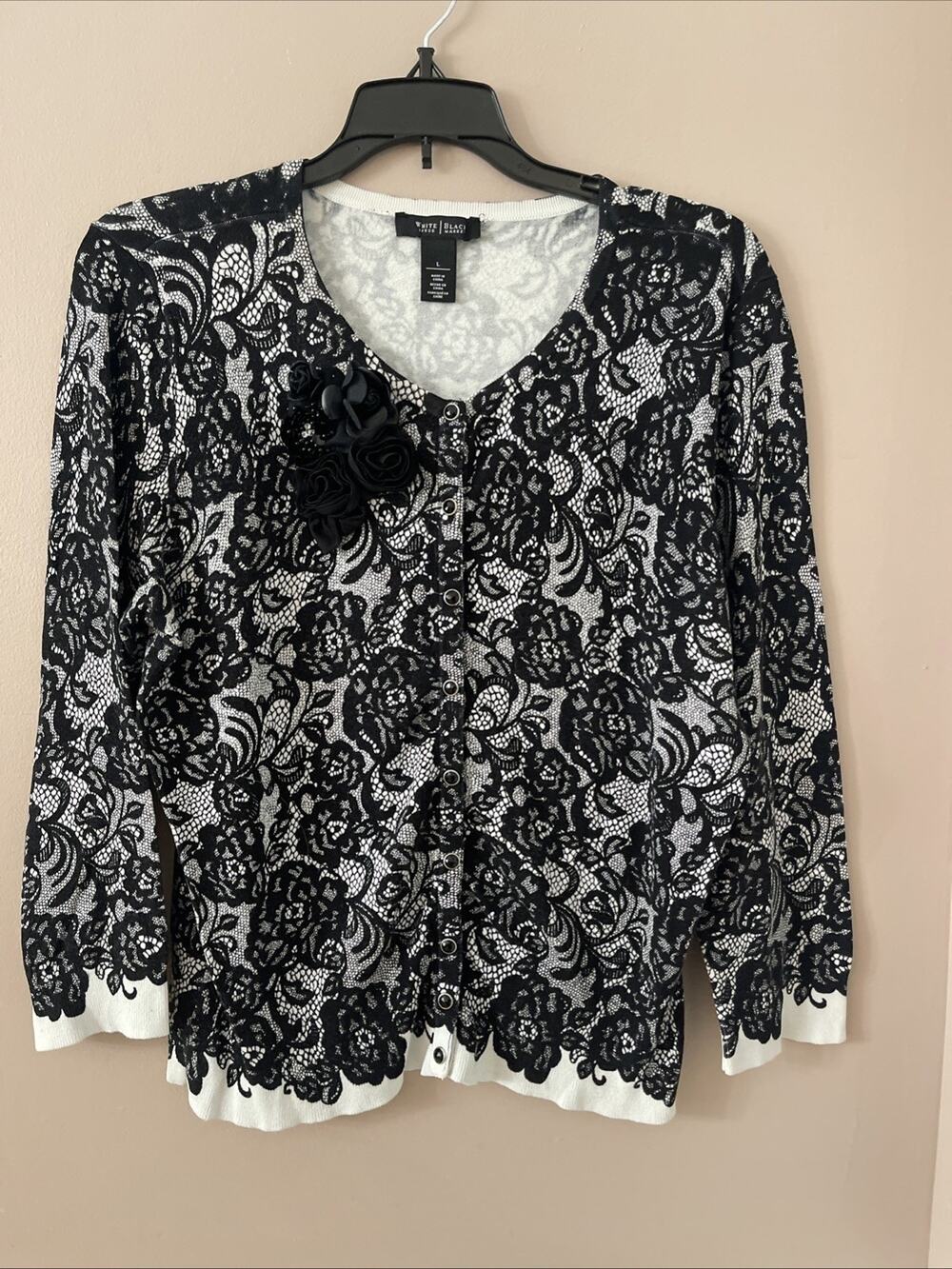 White House Black Market Cardigan Womens L Black Floral Faux Lace Romantic Look